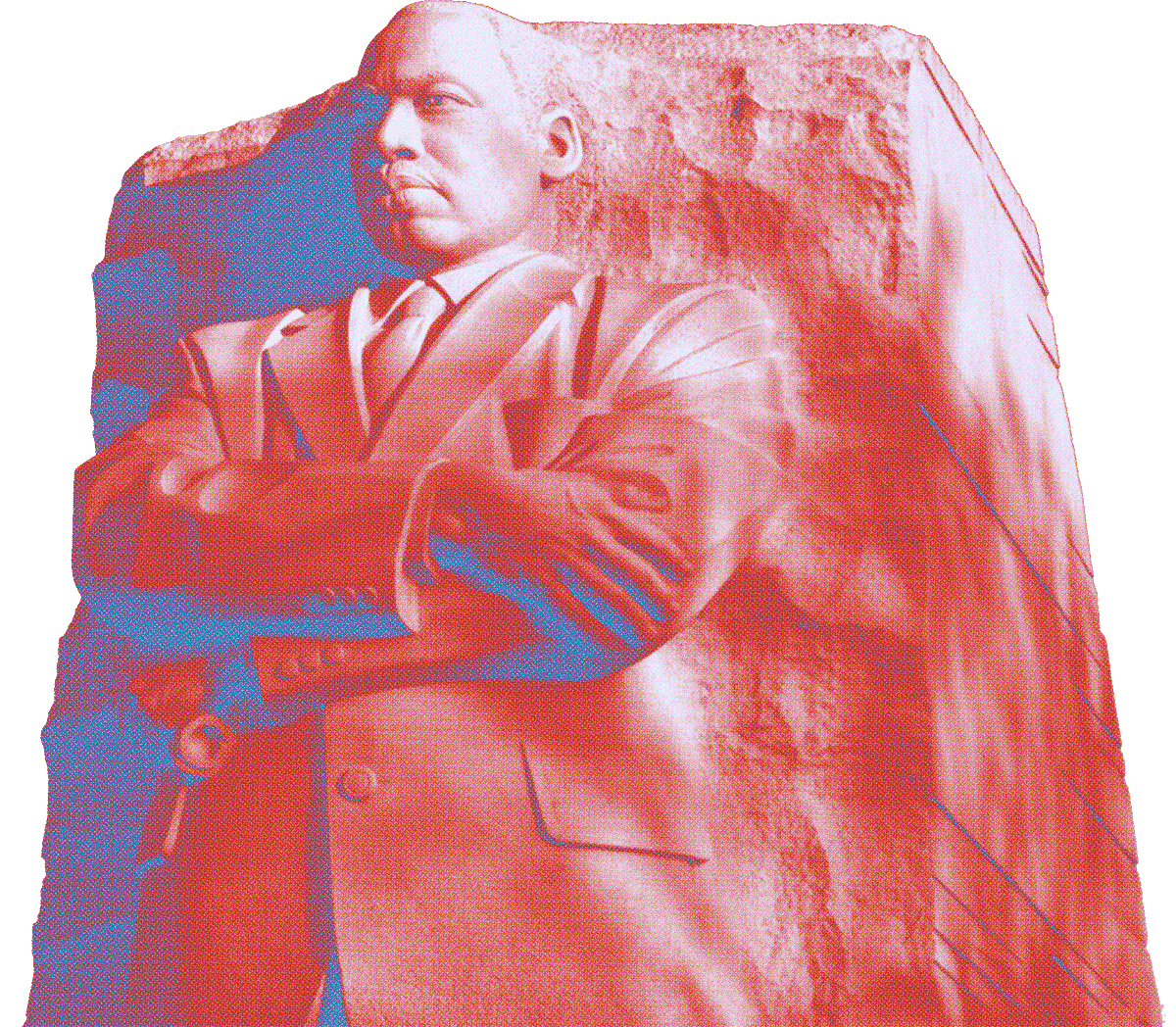 Memorial sculpture in red and blue duotone